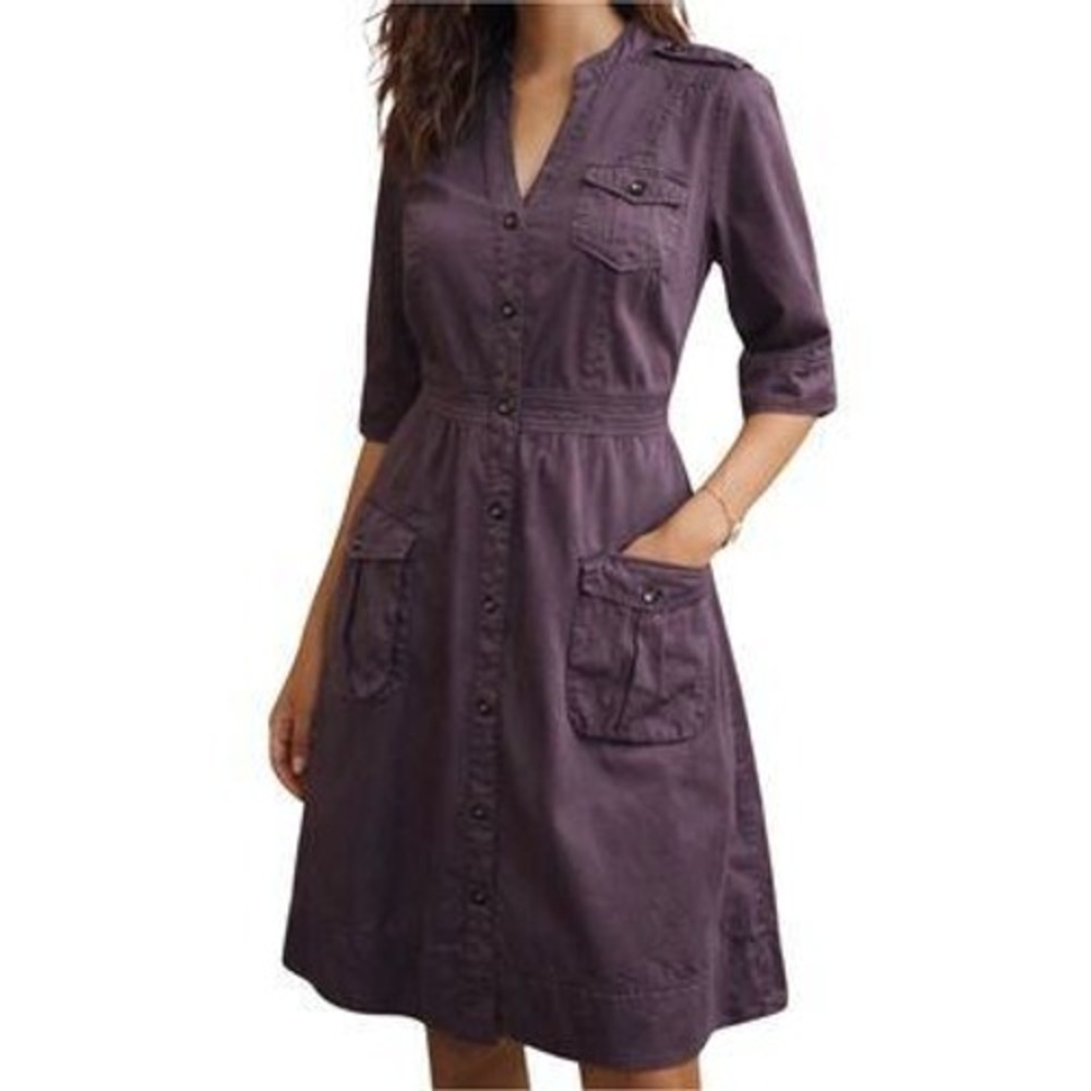 Maeve Anthropologie Purple Cotton Utility Shirt Dress Smocked Waist Cargo Midi